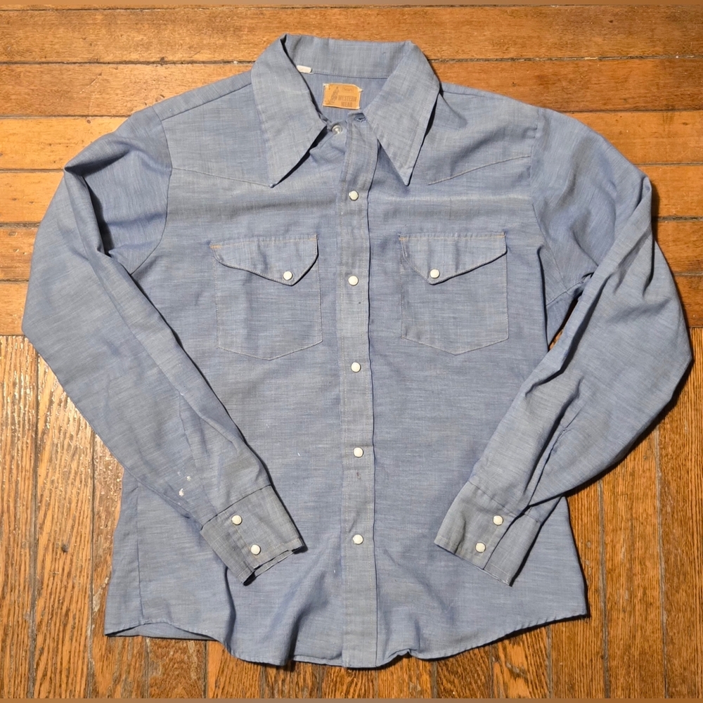 VTG 70s Sears Western Wear Pearl Snap Chambray M